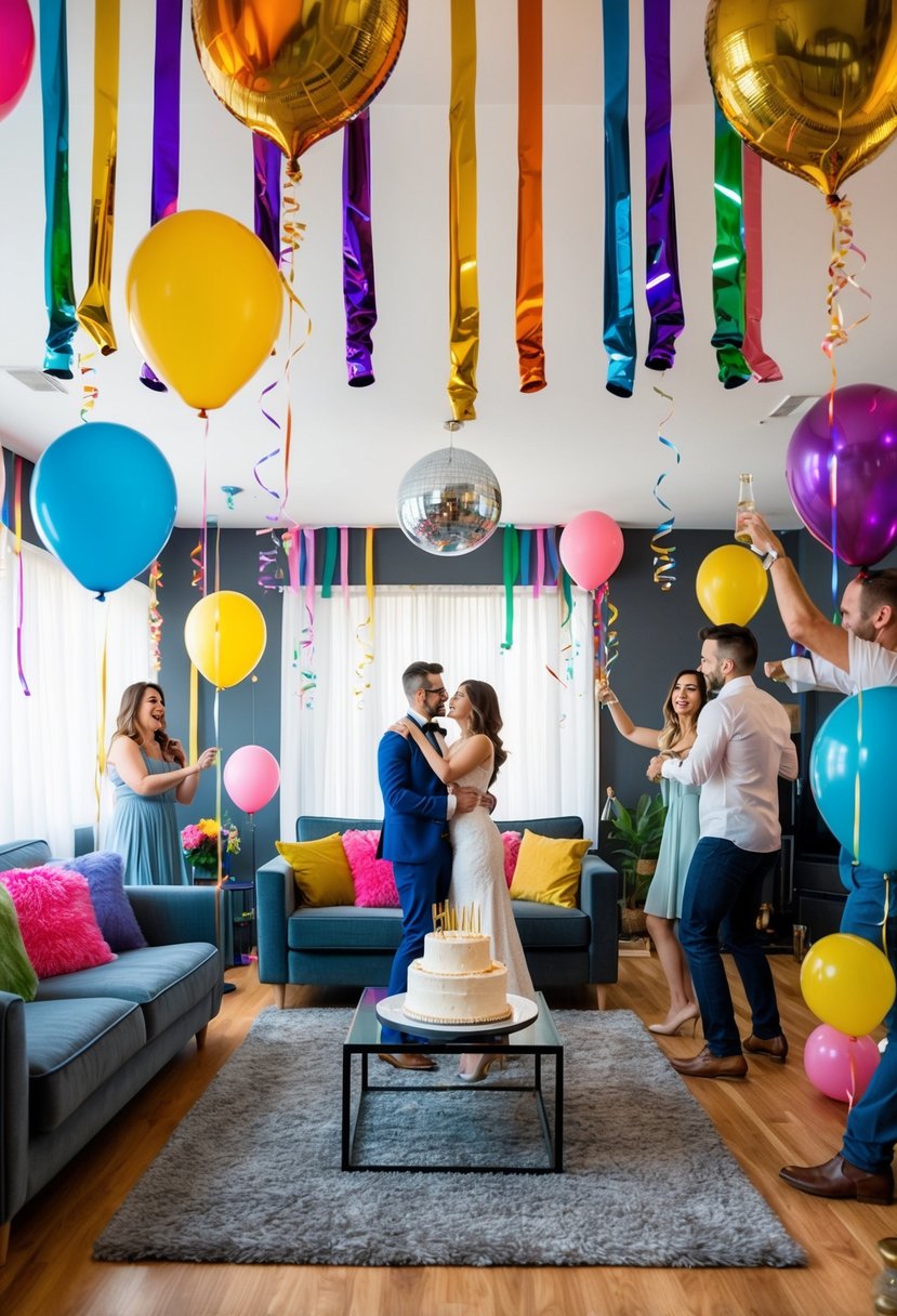 A living room filled with colorful streamers, balloons, and a disco ball. A table set with a cake and champagne. Music playing and couples dancing happily