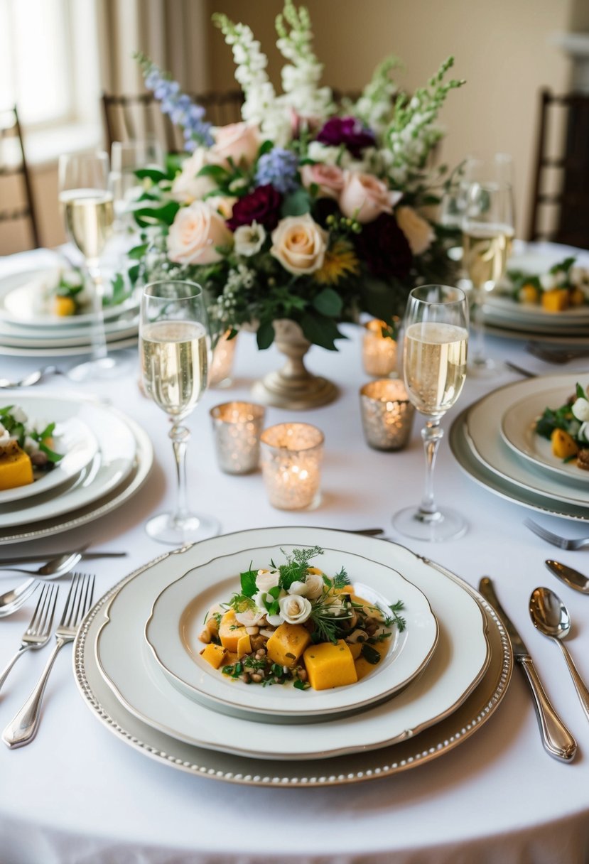 A beautifully set table adorned with elegant plates, silverware, and floral centerpieces, showcasing a variety of delectable dishes fit for a wedding celebration