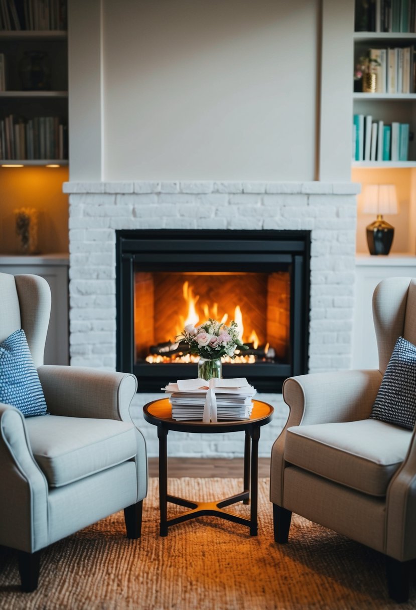 A cozy living room with a crackling fireplace, two armchairs facing each other, a table with a vase of flowers, and a stack of love letters tied with a ribbon