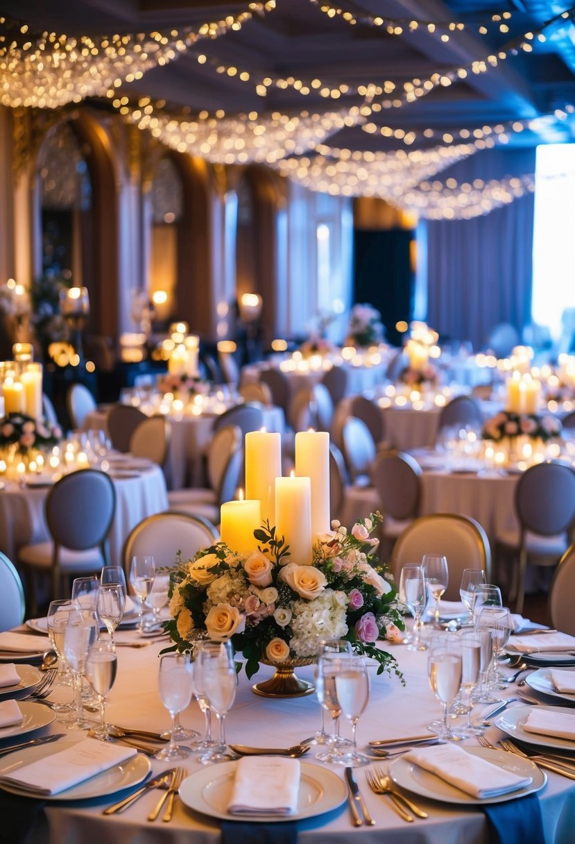 A lavish banquet table set with elegant place settings, adorned with floral centerpieces and flickering candles, surrounded by opulent decor and twinkling lights