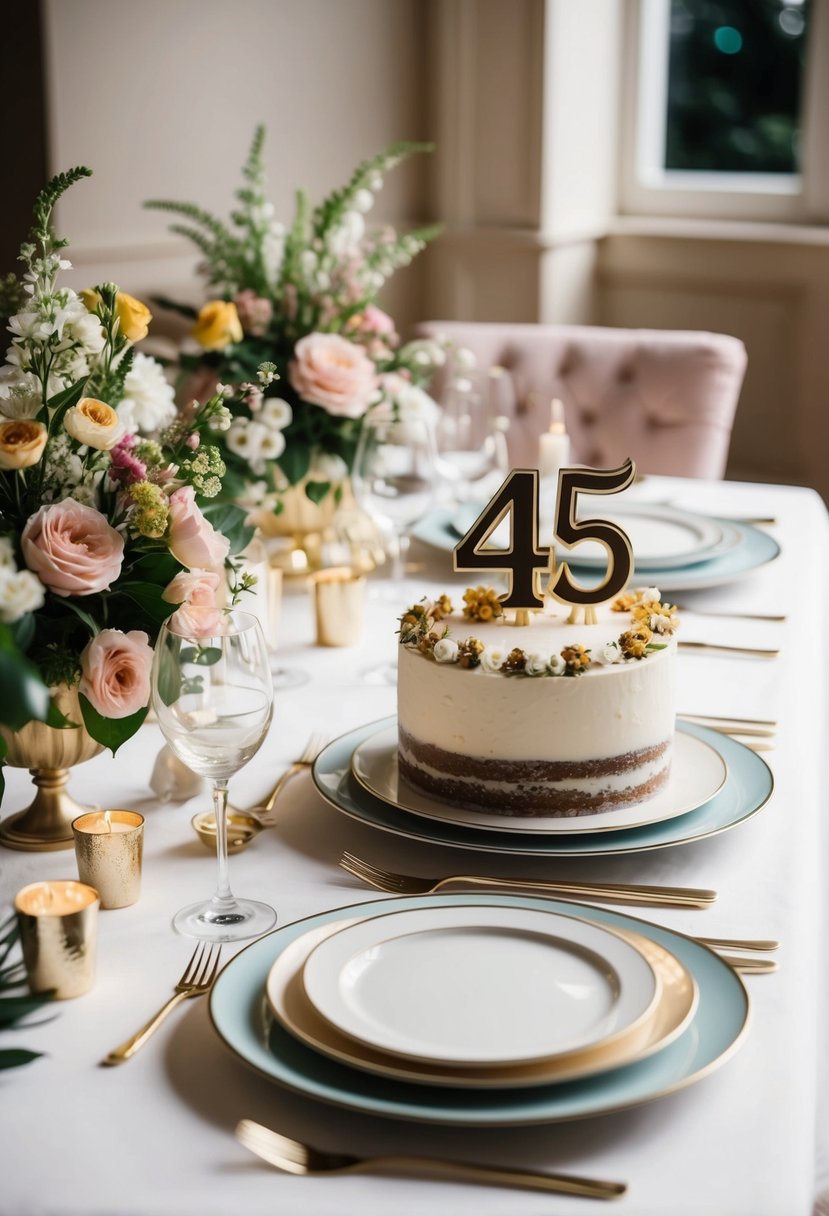 A beautifully set dinner table with elegant place settings, floral centerpieces, and a celebratory cake adorned with the number "45"