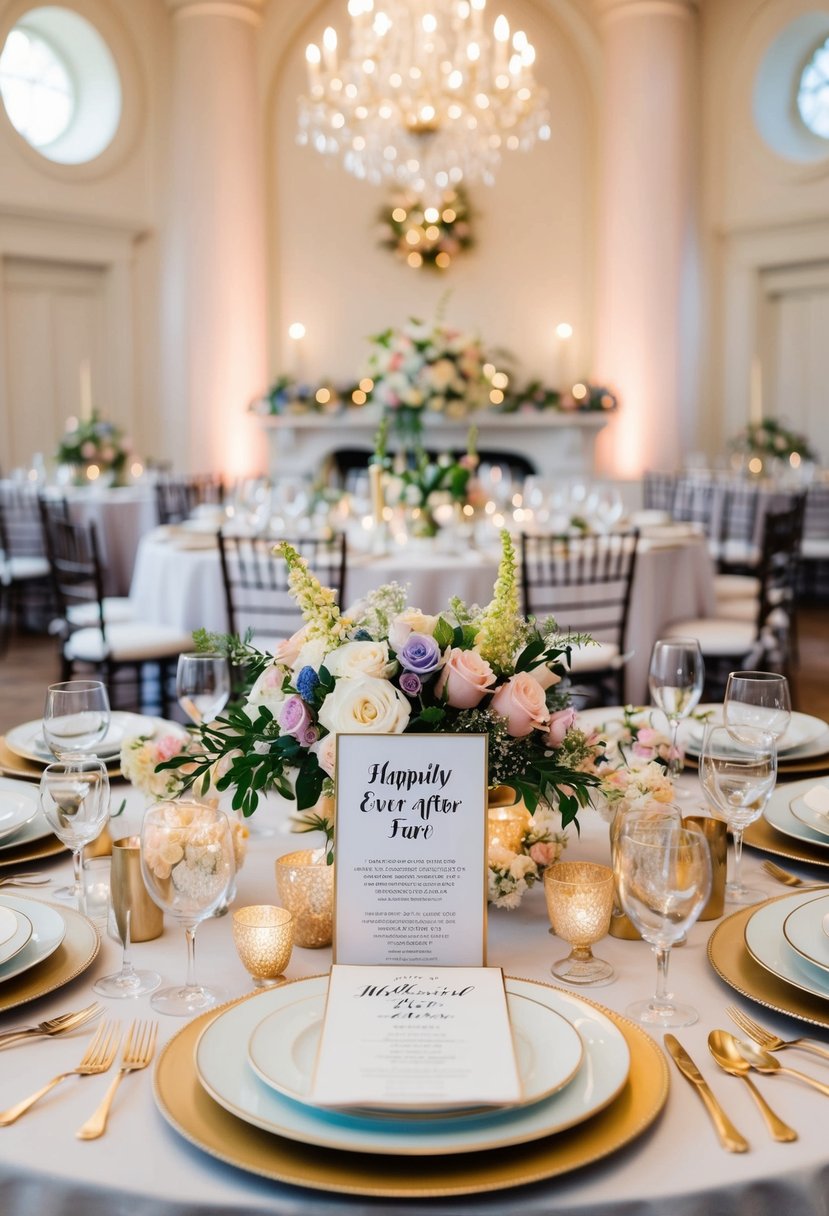 A whimsical wedding banquet with a grand table adorned with floral centerpieces, elegant place settings, and a menu titled "Happily Ever After Fare."