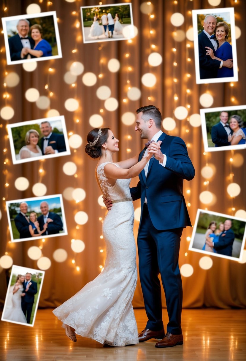 A couple dancing under twinkling lights surrounded by family photos