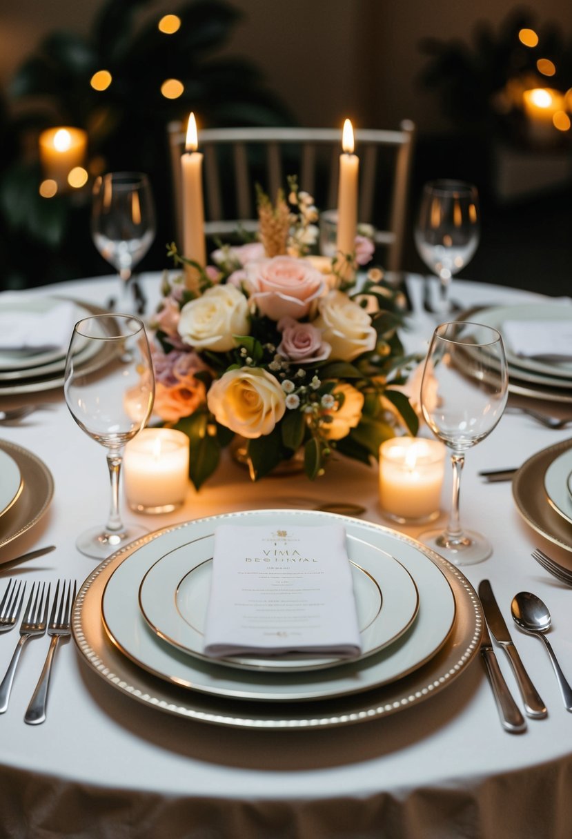 A table set with elegant plates, silverware, and a floral centerpiece, surrounded by soft candlelight and a romantic ambiance