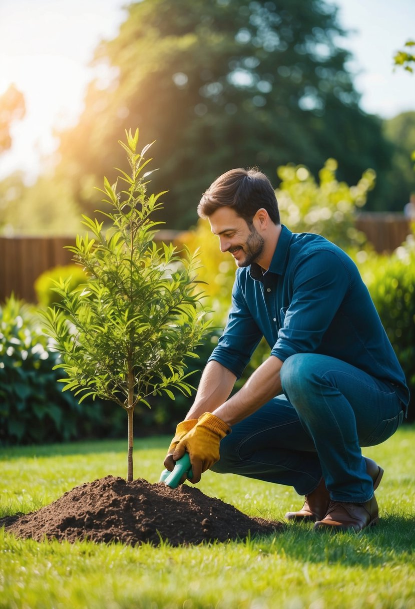 A couple planting a tree together in a garden