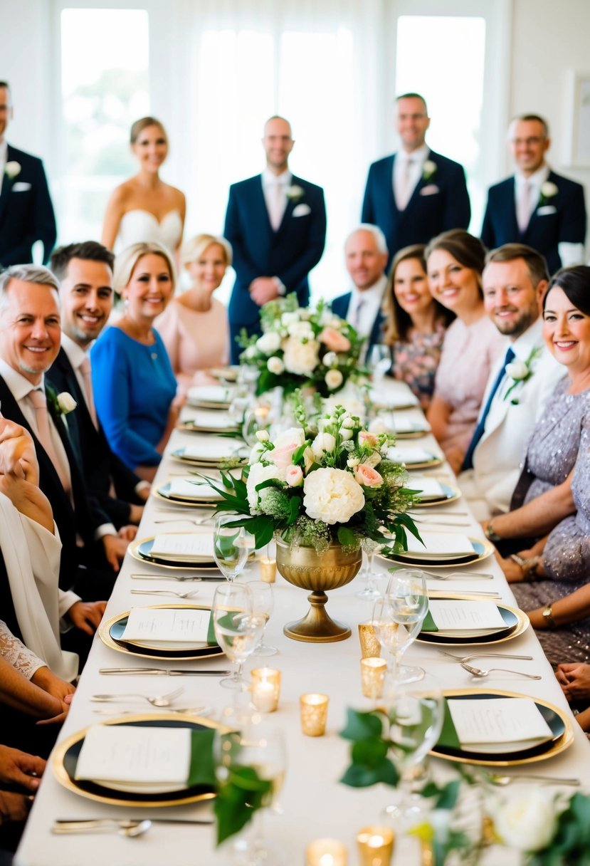 A beautifully decorated table with elegant place settings and floral centerpieces, surrounded by happy wedding guests