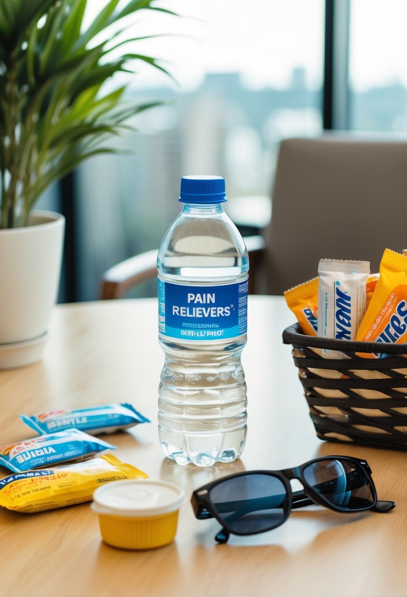 A table with a bottle of water, pain relievers, sunglasses, and a snack basket