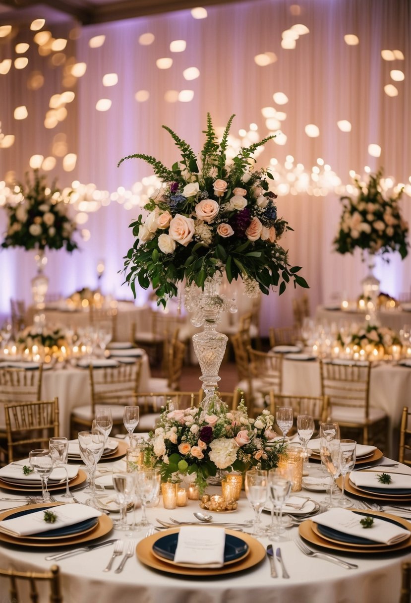 A grand banquet table adorned with lavish dishes and ornate table settings set against a romantic backdrop