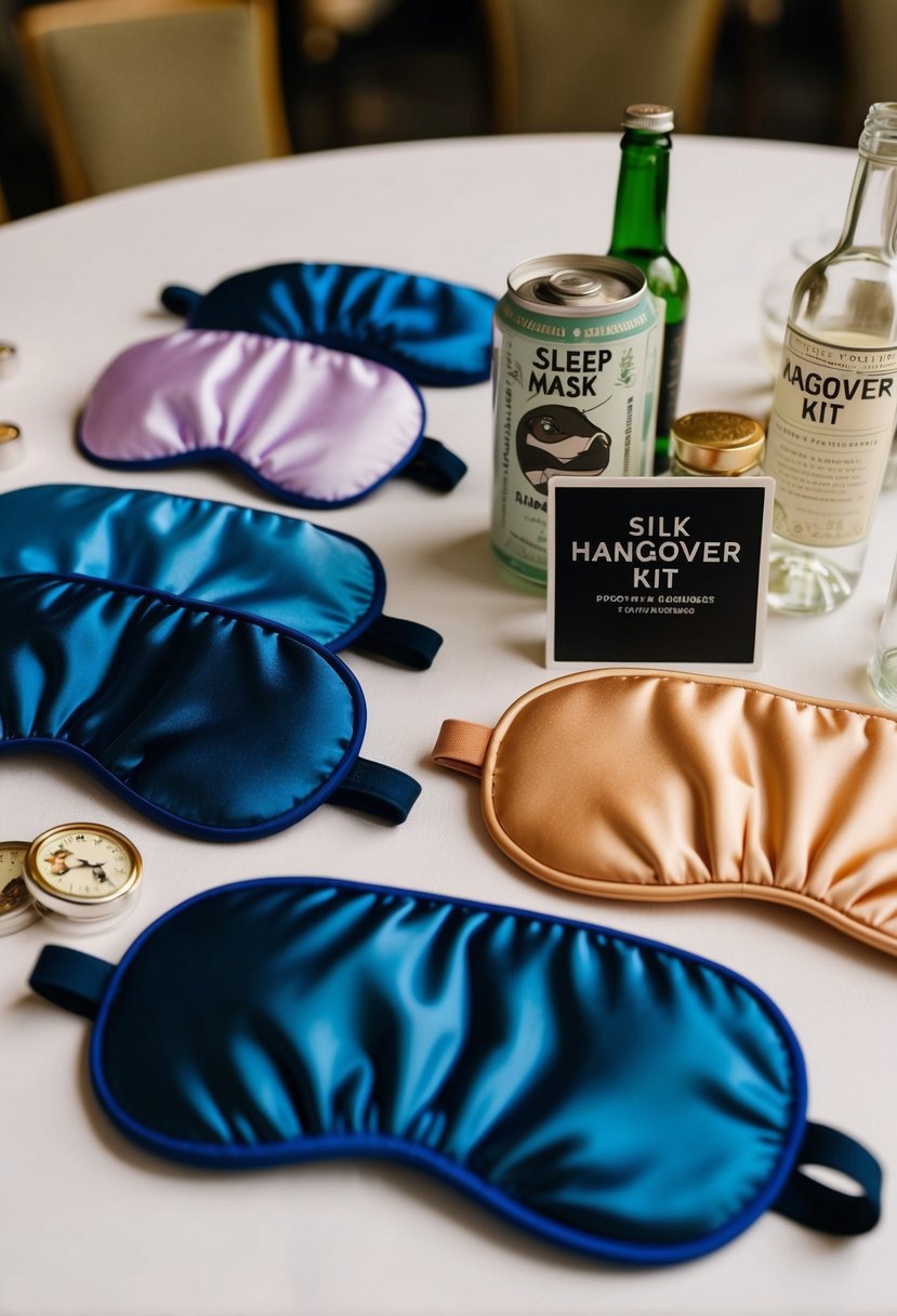 A collection of silk sleep masks, along with other items for a hangover kit, are laid out on a table as potential wedding favors