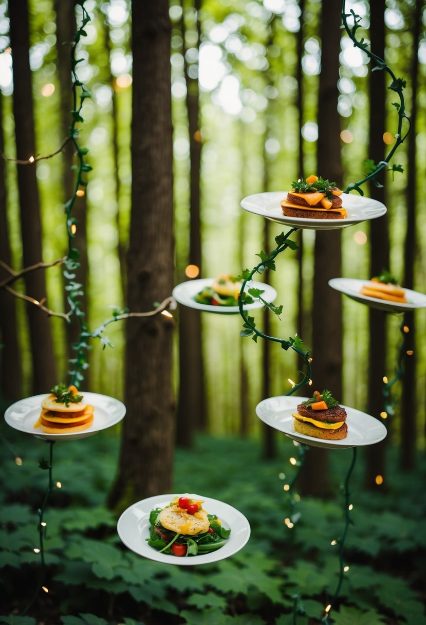 A whimsical forest with floating plates of food and swirling vines