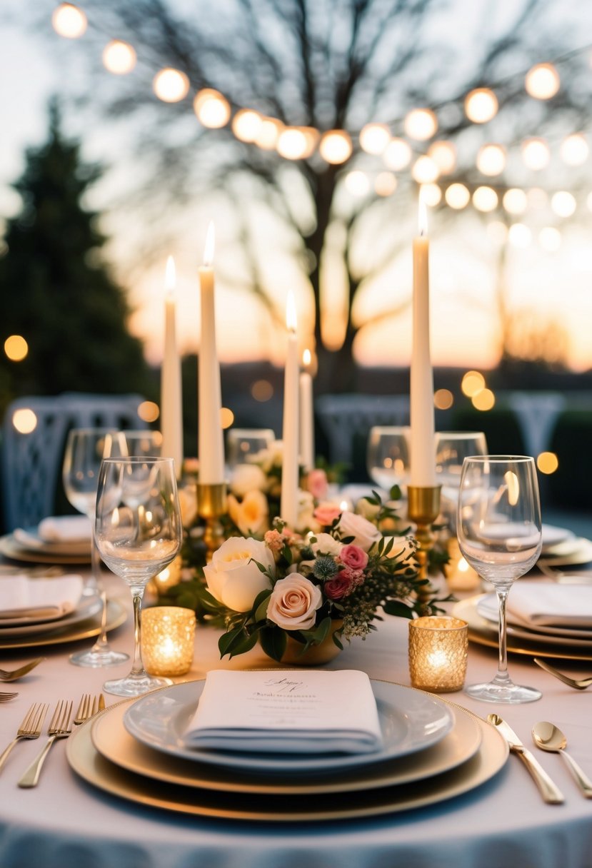 A festive table setting with elegant place settings, floral centerpieces, and twinkling candlelight