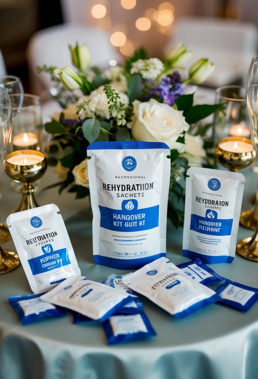 A table displays rehydration sachets, along with other hangover kit items, surrounded by wedding decor