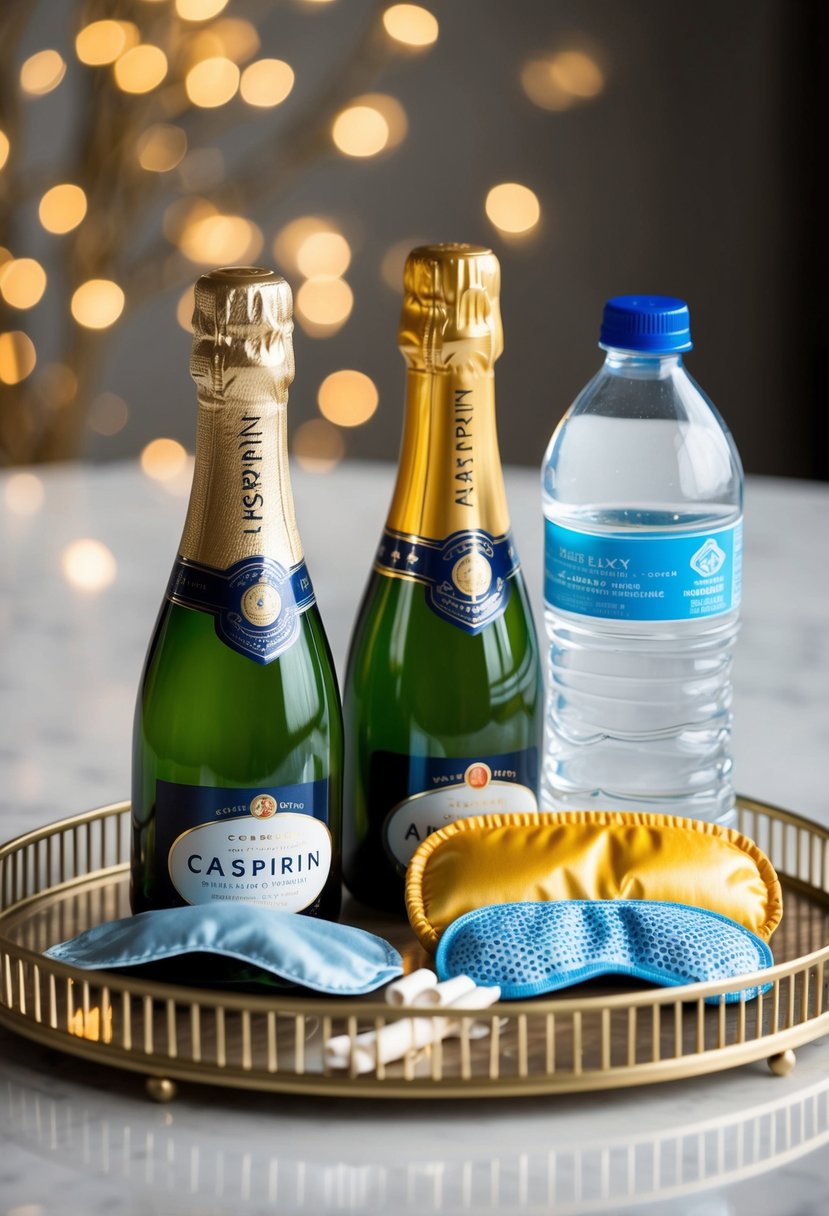 Mini champagne bottles, aspirin, eye mask, and water bottle arranged on a decorative tray