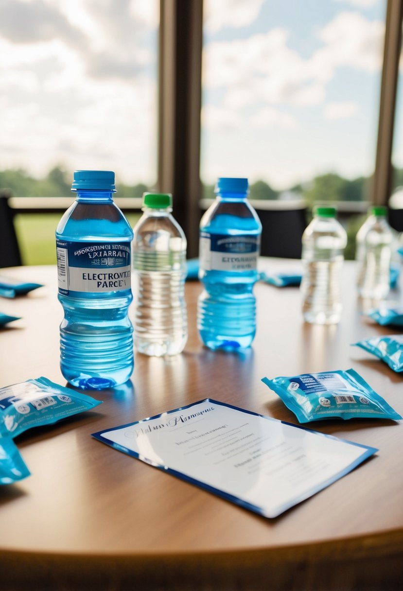 A table with electrolyte packets, water bottles, and a wedding program