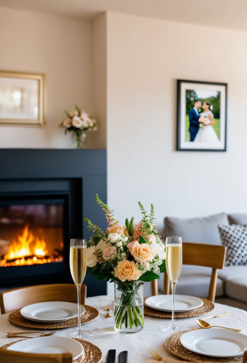 A cozy living room with a crackling fireplace, a table set with a bouquet of flowers and two champagne glasses, and a framed wedding photo on the wall