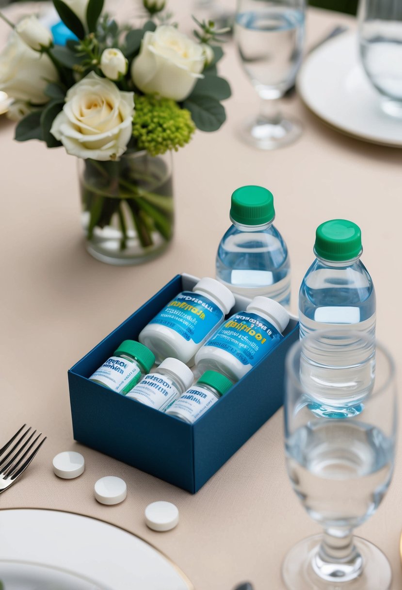 A small box filled with ibuprofen tablets, water bottles, and mints, arranged neatly on a table with a wedding theme