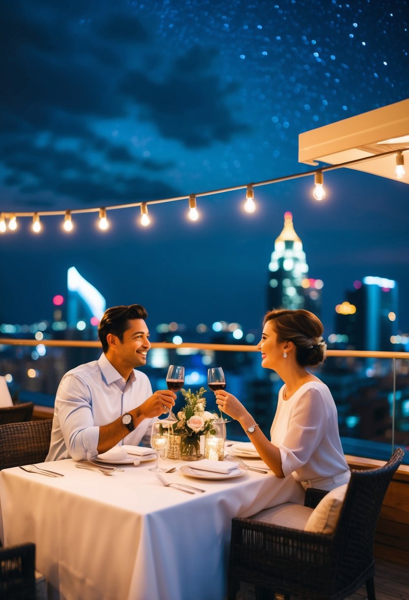 A couple enjoys a romantic dinner on a rooftop restaurant, surrounded by city lights and a starry sky, celebrating their 48th wedding anniversary