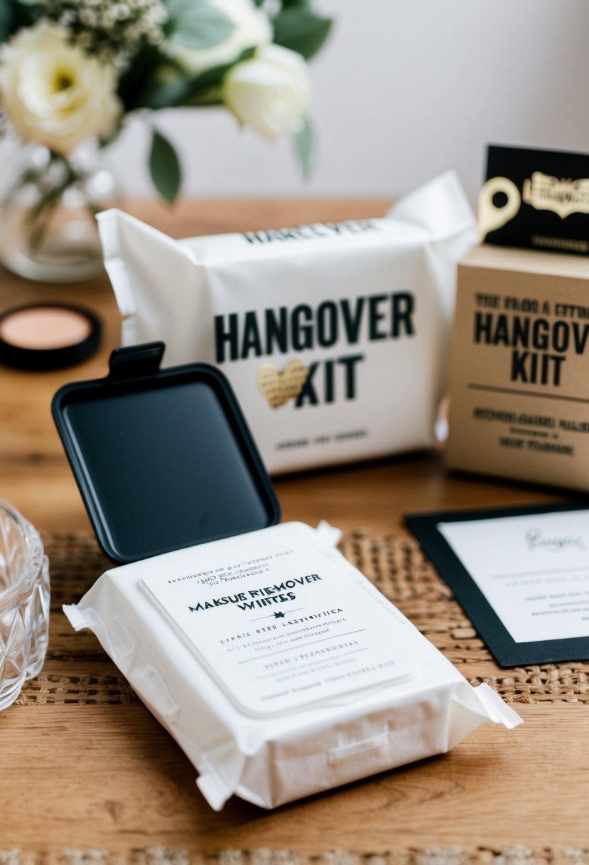 A pack of makeup remover wipes sits next to a hangover kit and a wedding invitation