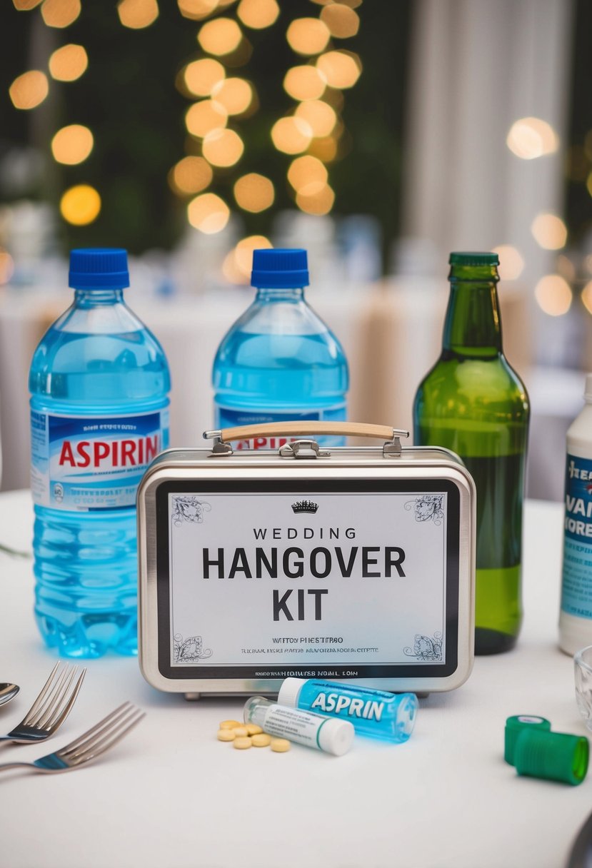 A table displays a wedding hangover kit with bottles of water, aspirin, and other remedies