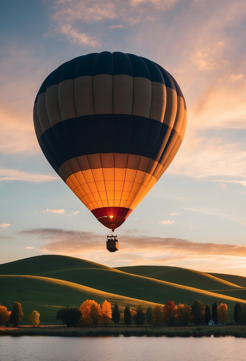 A hot air balloon glides over rolling hills at sunset, with a serene lake and colorful trees below