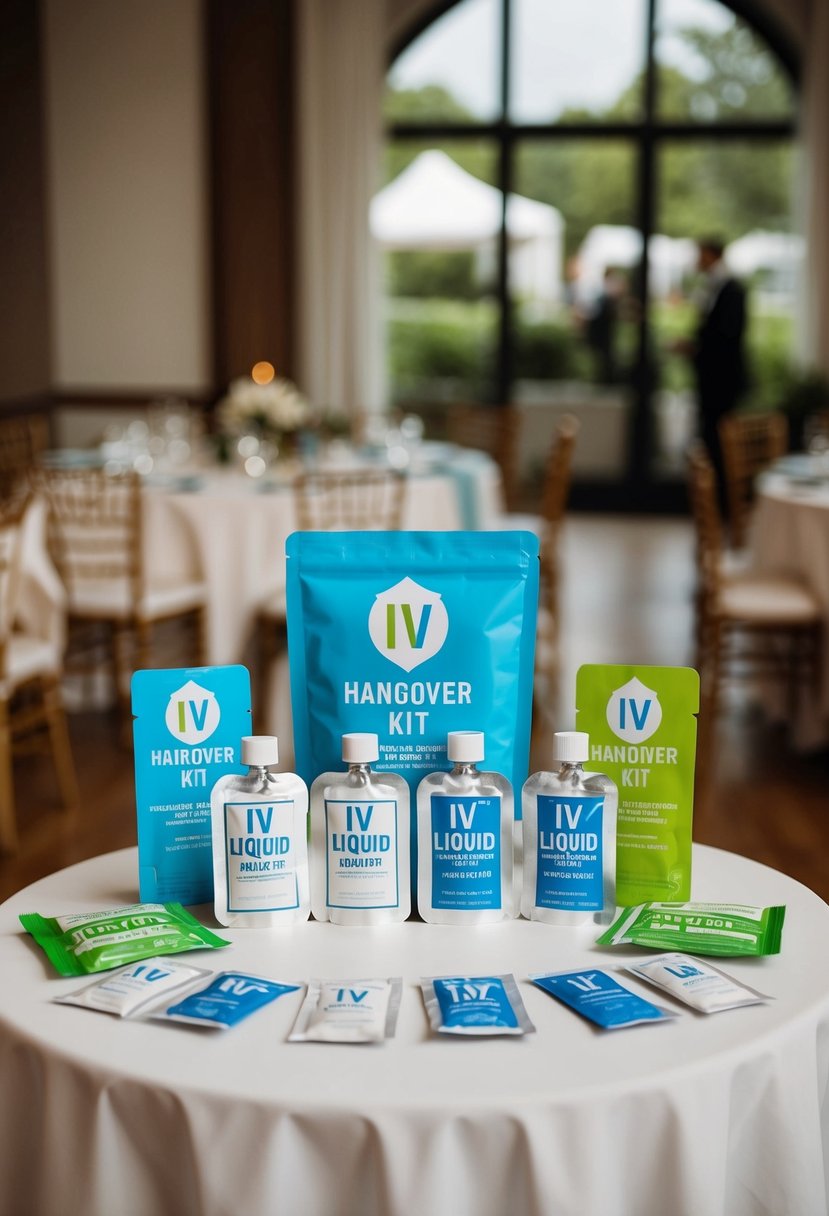 A wedding reception table with a display of Liquid IV packets and other hangover kit items