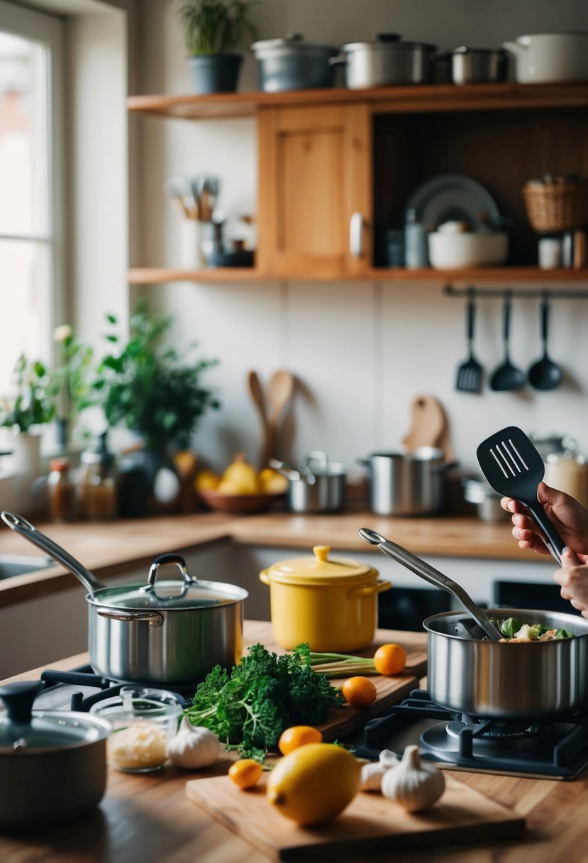 A cozy kitchen with ingredients, pots, and pans scattered about as two pairs of utensils work together to prepare a special anniversary meal