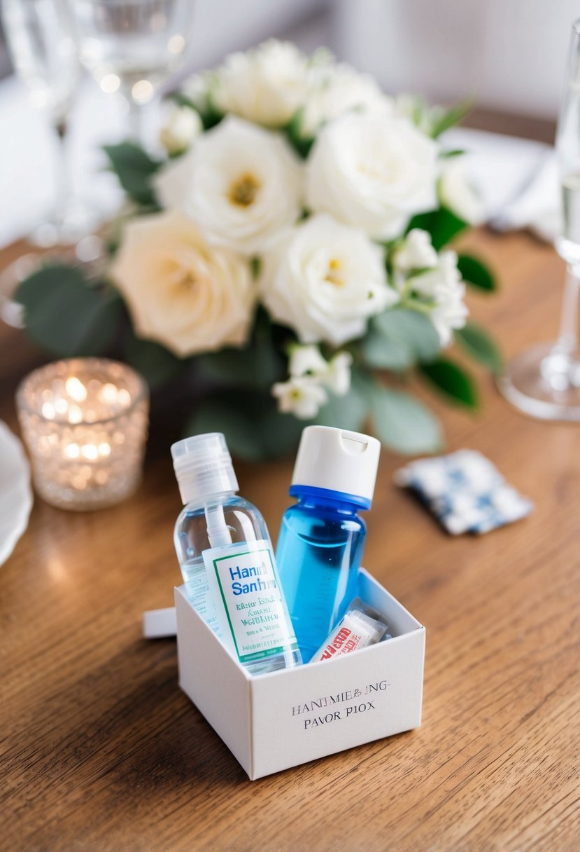 A small, elegant wedding favor box contains a pocket-sized hand sanitizer, a mini water bottle, and a few pain relievers