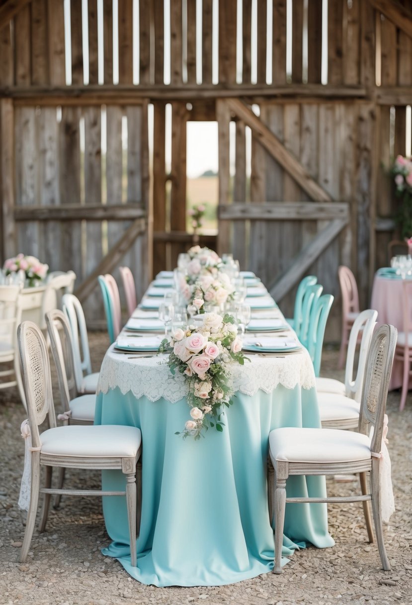 A rustic barn adorned with pastel flowers, vintage lace, and mismatched furniture for a shabby chic wedding