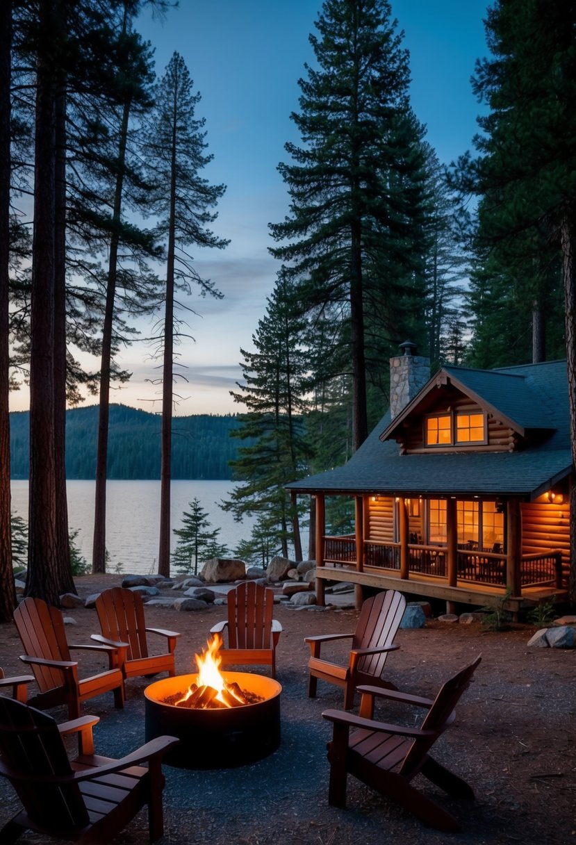 A cozy cabin nestled among tall pine trees, with a crackling fire pit and a view of the serene lake