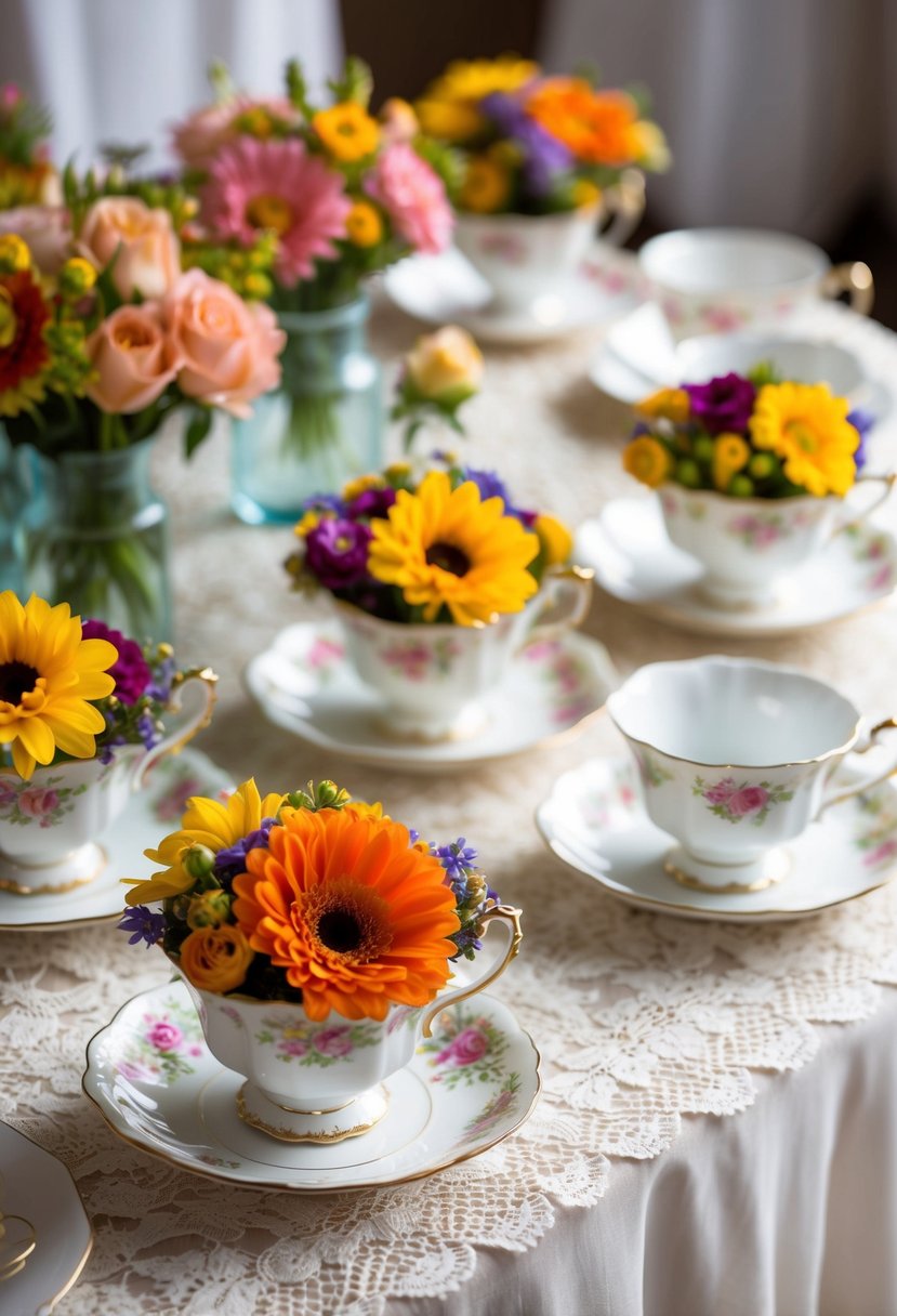 Vintage teacups filled with colorful flowers arranged on a lace-covered table for a shabby chic wedding