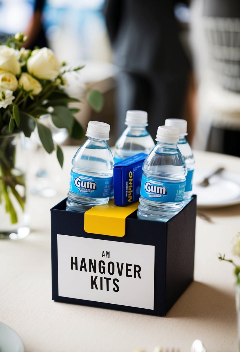 A small box filled with gum, mints, and water bottles sits on a table, ready to be handed out as hangover kits at a wedding