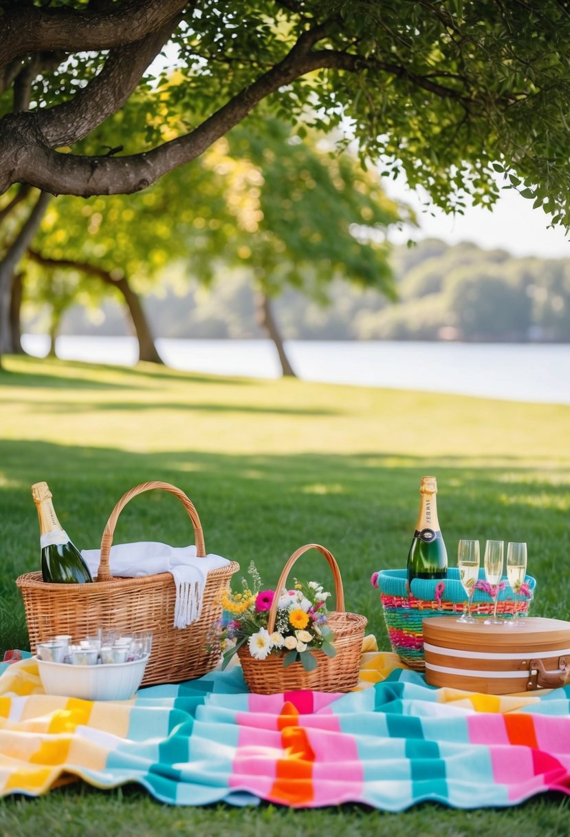 A colorful picnic blanket spread out under a shady tree, surrounded by baskets of food, flowers, and a bottle of champagne on ice