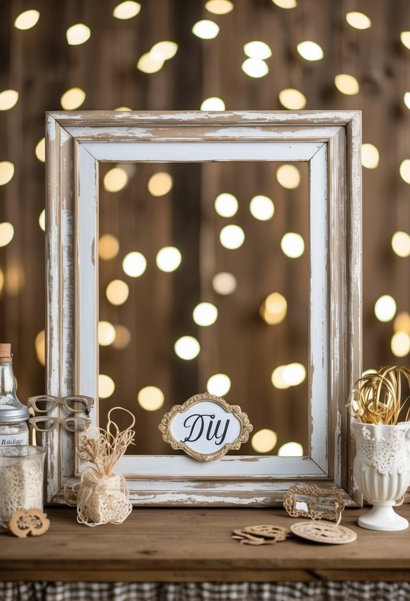 A rustic DIY photo booth with distressed wooden frames, adorned with shabby chic decor and vintage props