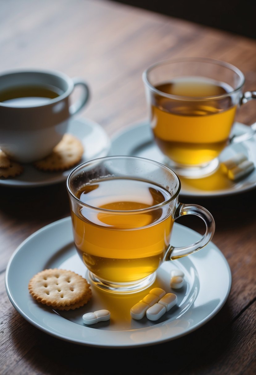 A table with ginger tea, crackers, and aspirin