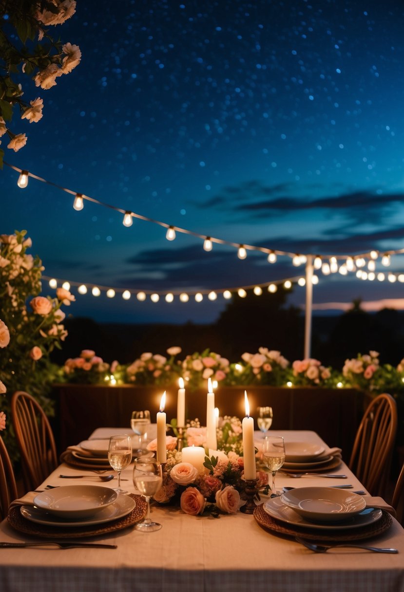 A candlelit dinner at a cozy table, surrounded by blooming flowers and twinkling lights under a starry sky