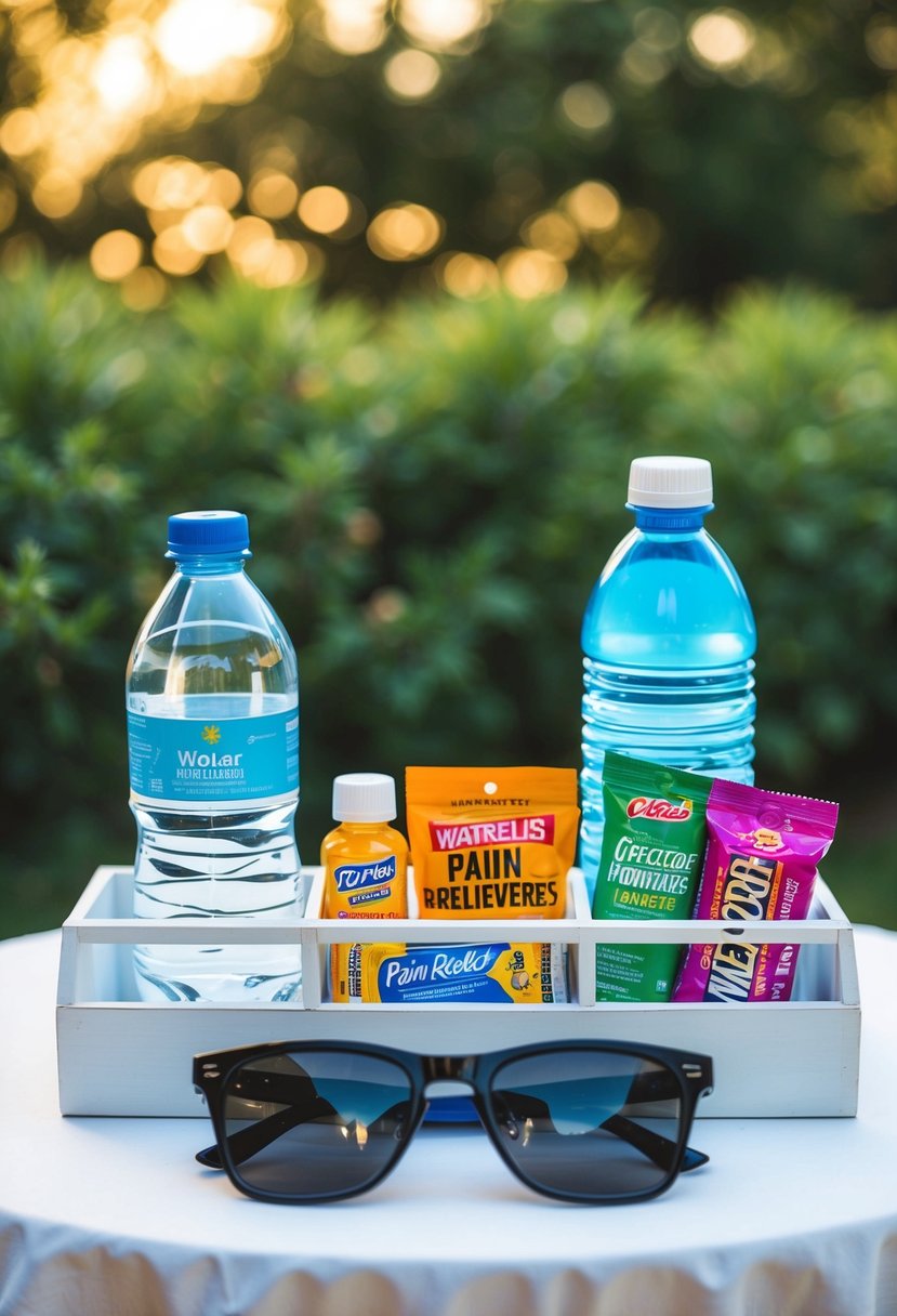 A table displays sunglasses, water bottle, pain relievers, and snacks for a wedding hangover kit