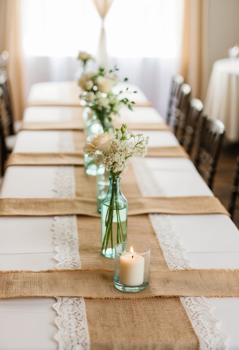 Burlap runners and lace adorn tables in a shabby chic wedding setting