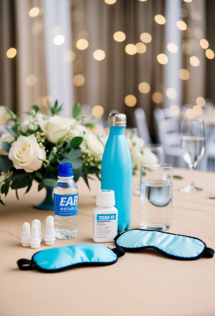 A table displays ear plugs, water bottle, pain reliever, and eye mask. Wedding decor in background