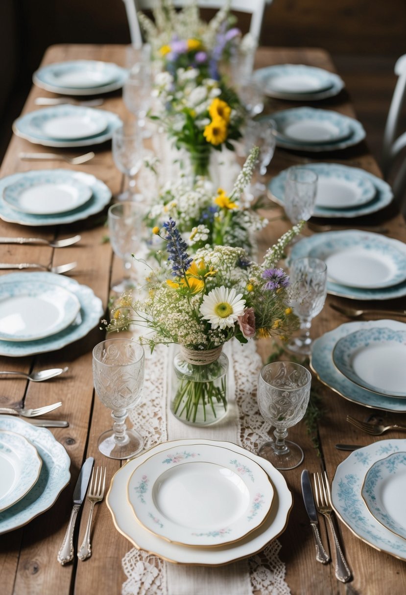 Mismatched china adorns a rustic wooden table, set with delicate lace and wildflower centerpieces for a shabby chic wedding