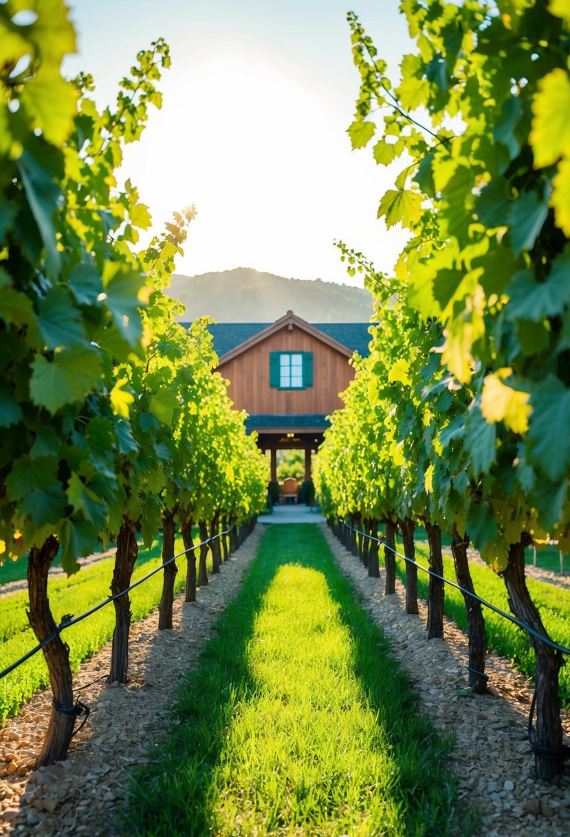 Lush vineyards surround a rustic winery, with rows of grapevines leading to a charming tasting room. Sunlight filters through the leaves, casting a warm glow over the scene