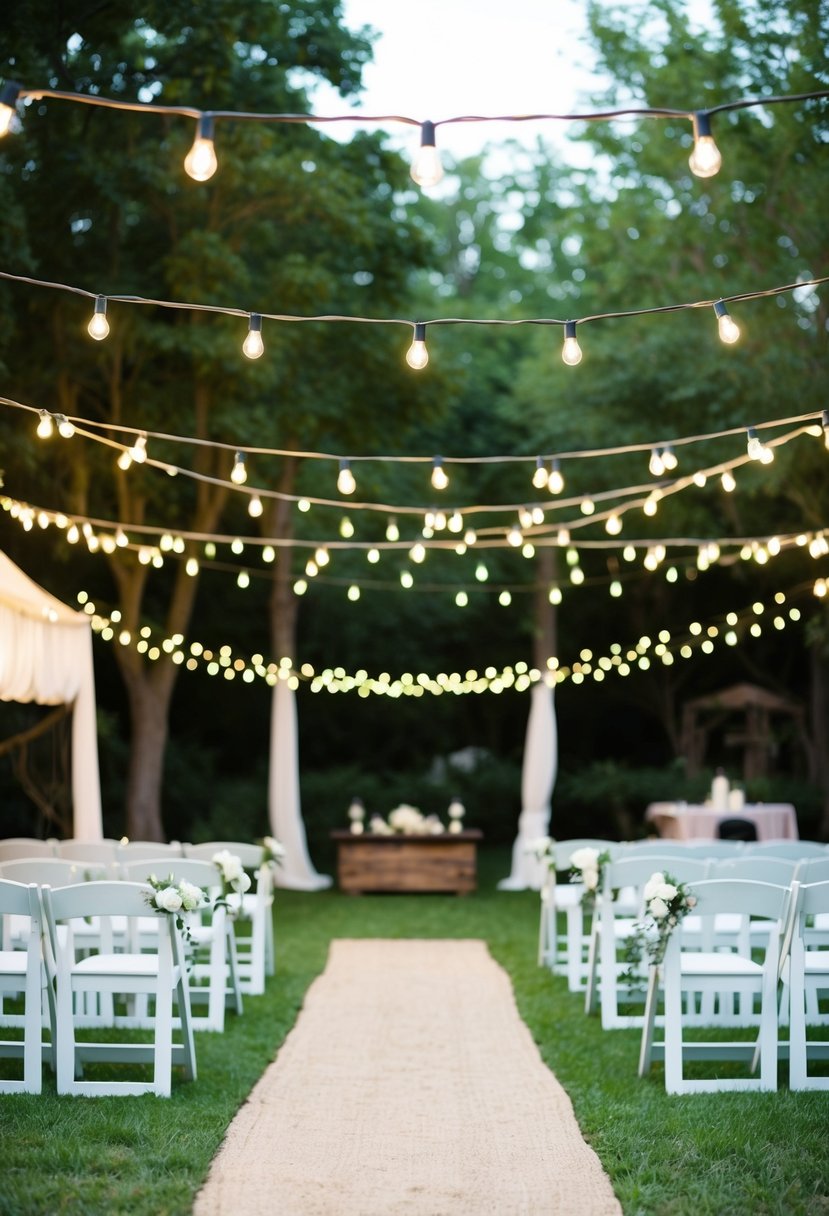 String lights drape over a rustic outdoor wedding venue, creating a whimsical and shabby chic atmosphere