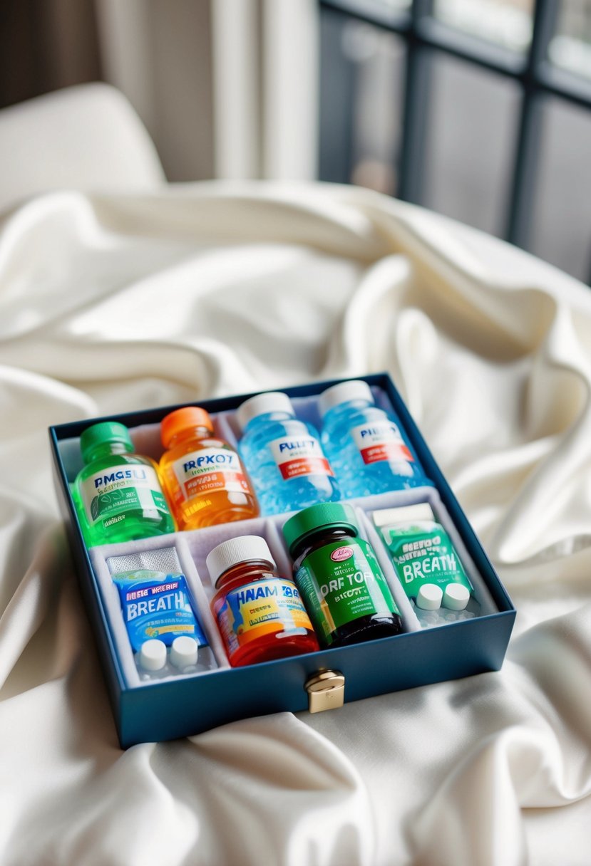 A small, elegant box with energy shots, water bottles, pain relievers, and breath mints arranged neatly on a bed of white silk