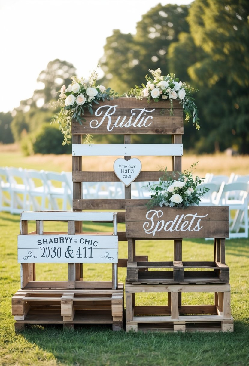 A rustic wedding scene with repurposed wooden pallets used as shabby chic signage