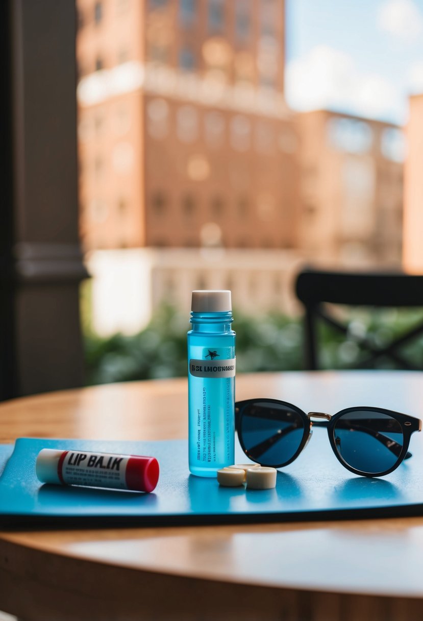 A table with lip balm, water bottle, mints, and sunglasses