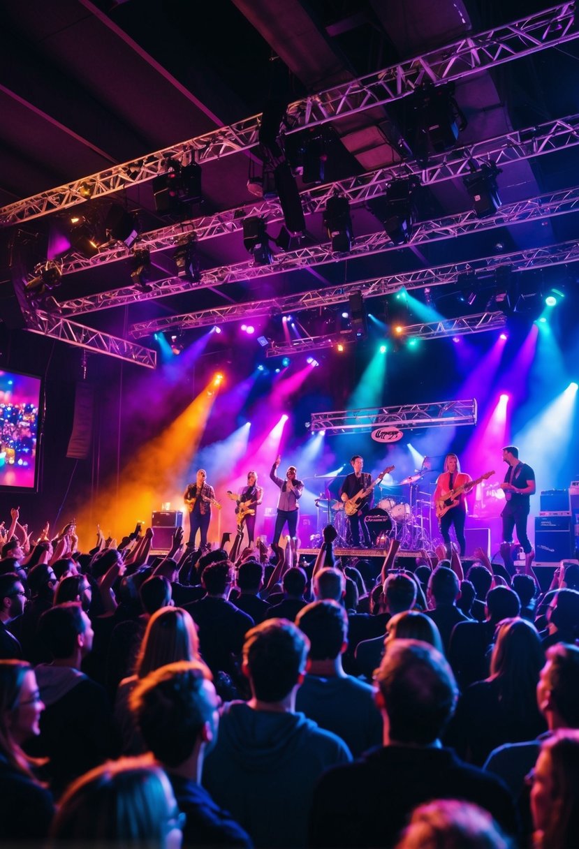 Crowd cheers as band performs on stage, colorful lights illuminate the venue, and music fills the air