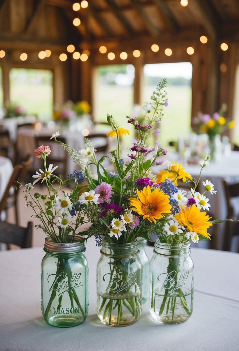 Wildflowers in mason jars and vintage vases adorn the rustic wedding venue, creating a shabby chic atmosphere