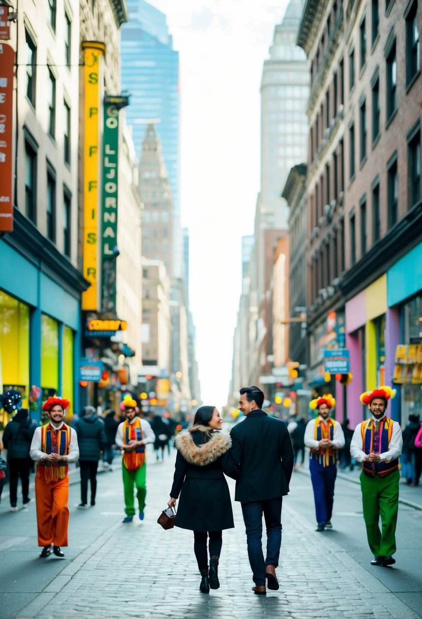 A couple strolling through a bustling city street, surrounded by towering buildings, colorful storefronts, and lively street performers