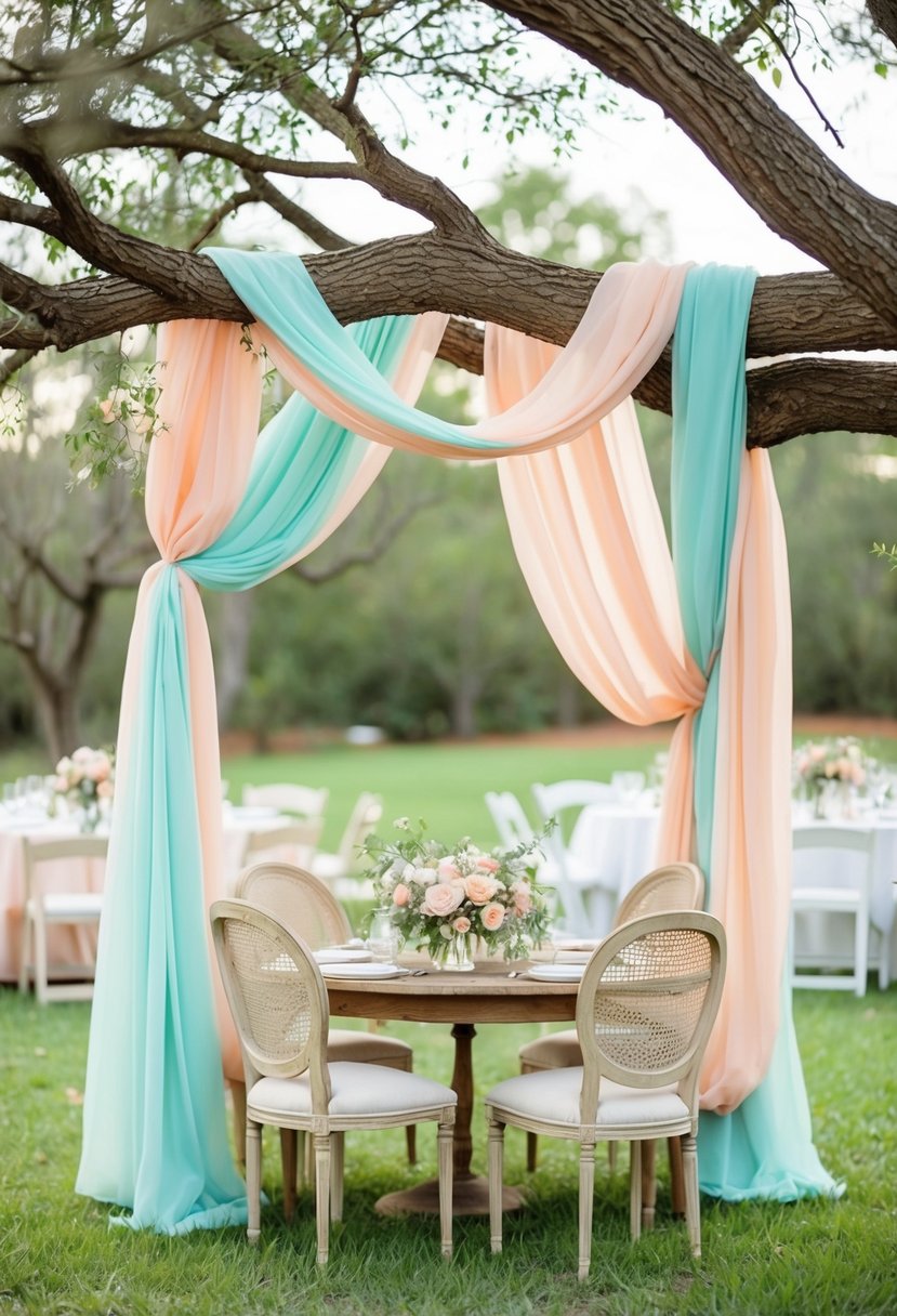 A rustic outdoor wedding with pastel-colored fabric draping from tree branches, vintage furniture, and delicate floral arrangements