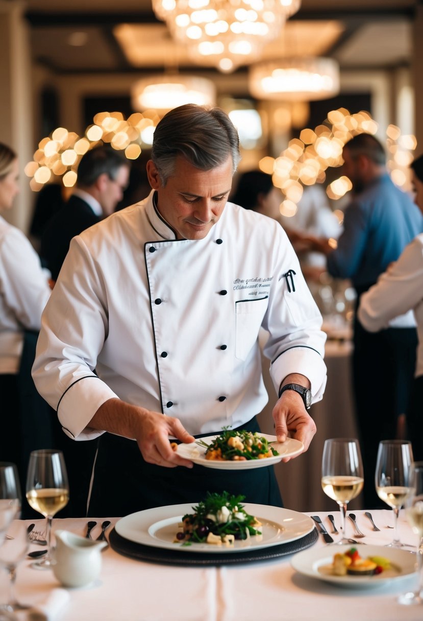 A private chef prepares an elegant table setting for an intimate dinner to celebrate a 48th wedding anniversary