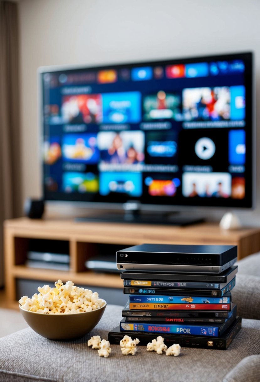 A cozy living room with a large screen TV, a stack of DVDs, and a bowl of popcorn